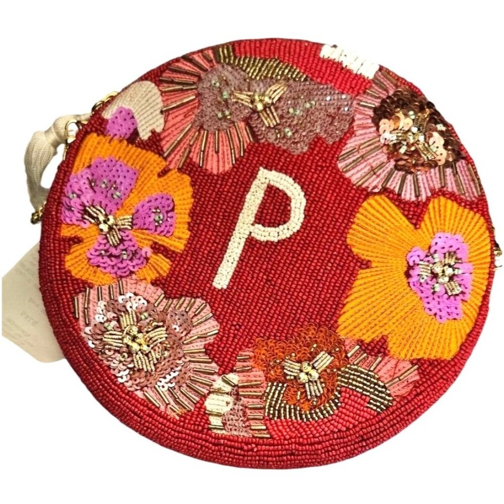 Crossbody Bag Anthropologie Holiday Monogram P Red Beaded‎ Floral